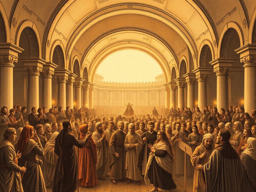 A grand assembly of diverse peoples gathered under arches