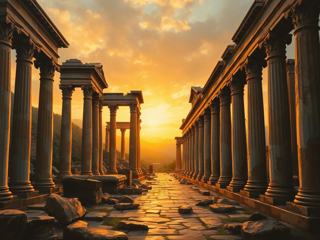 Ancient ruins of columns at golden hour