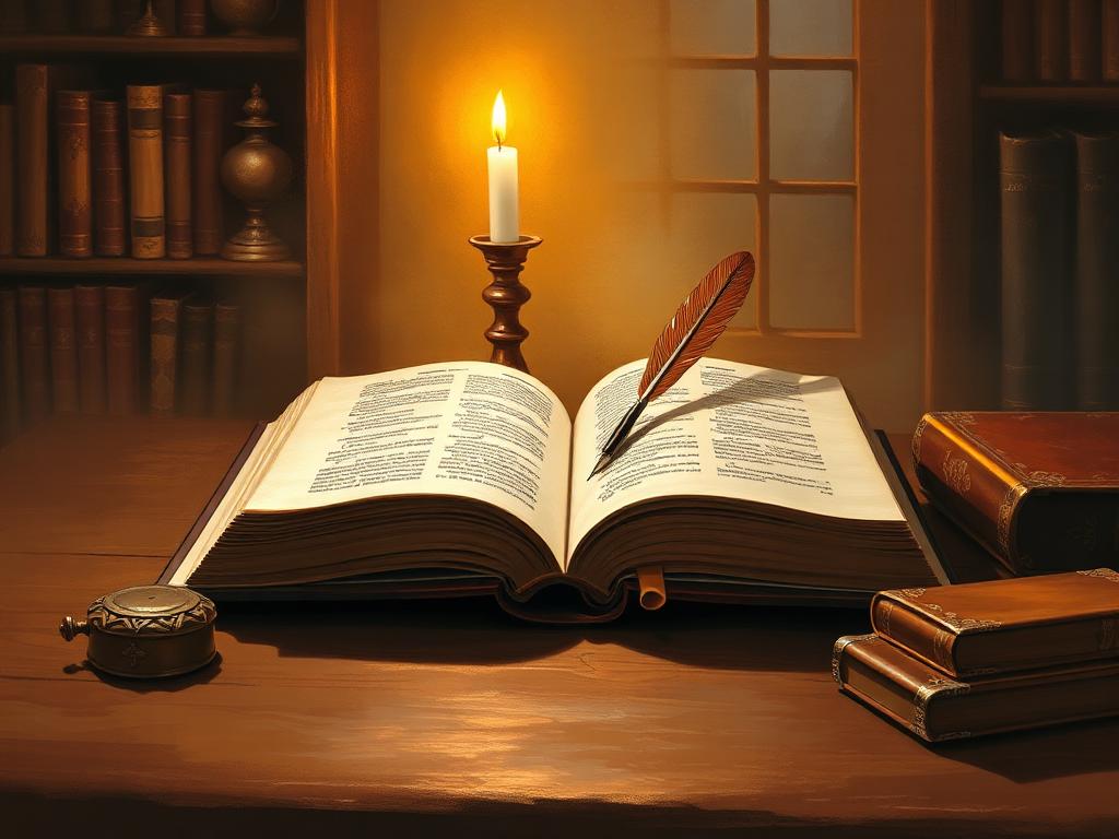 An open book with quill and candlelight